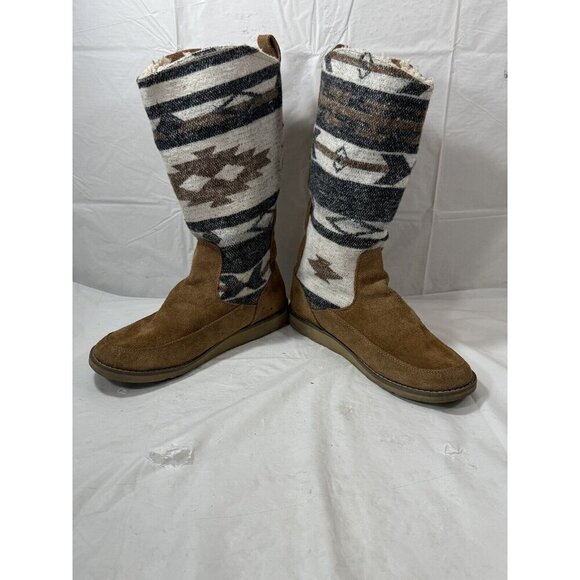 Sanuk Brown Navajo Suede Tall Faux Fur Boots Winter Warm Women's Sz 7 - Picture 13 of 15